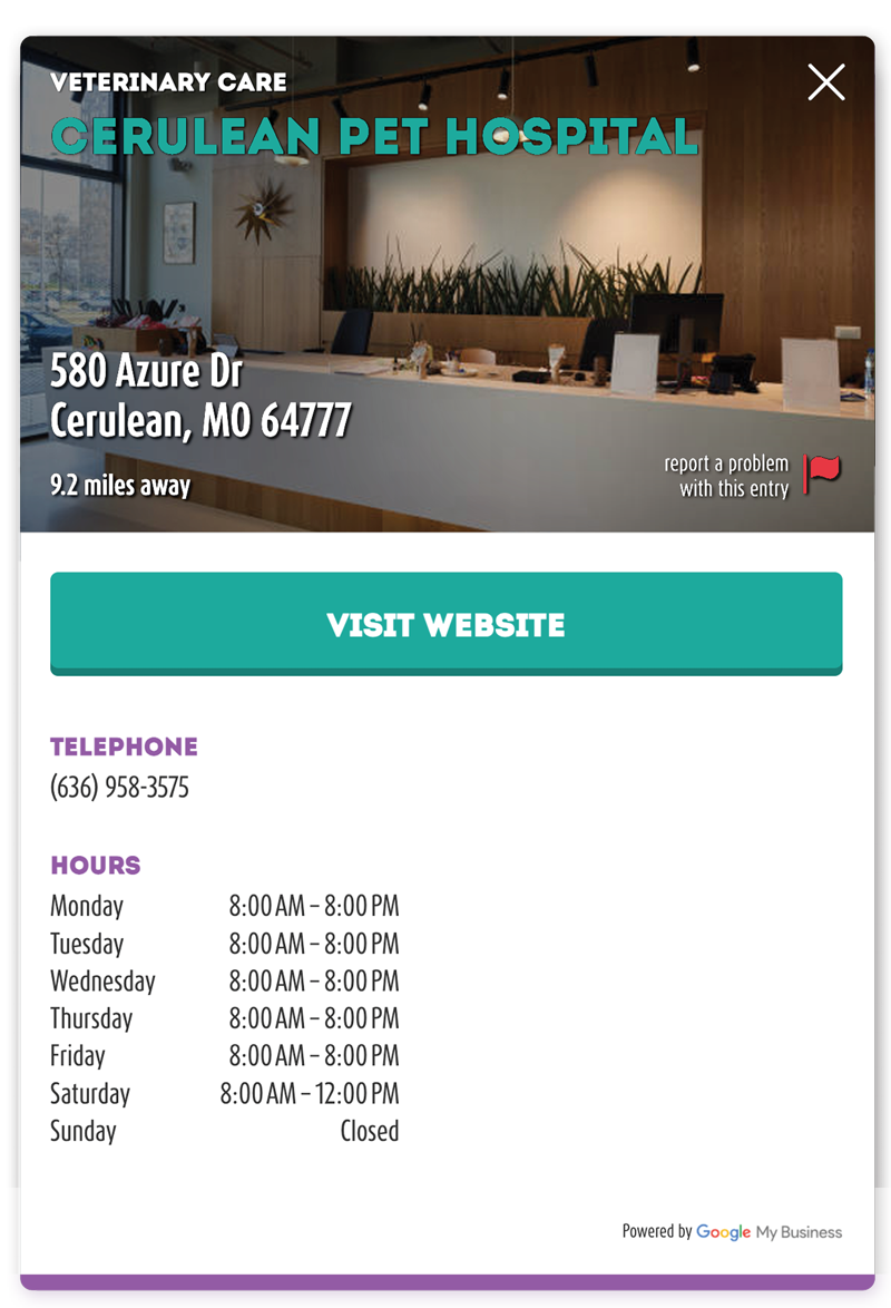 A detailed view from the myBird Locator displaying the website, telephone number, and operating hours of a veterinary care facility called Cerulean Pet Hospital.