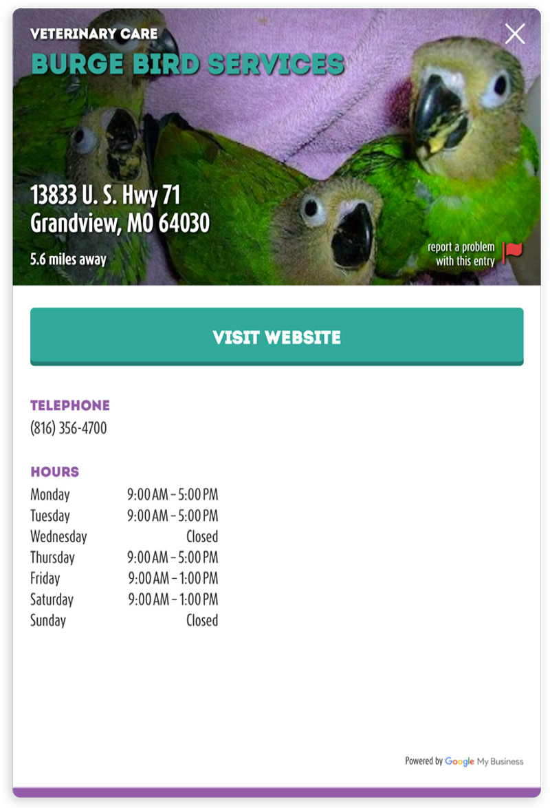 A detailed view from the myBird Locator displaying the website, telephone number, and operating hours of a veterinary care facility called Burge Bird Services.